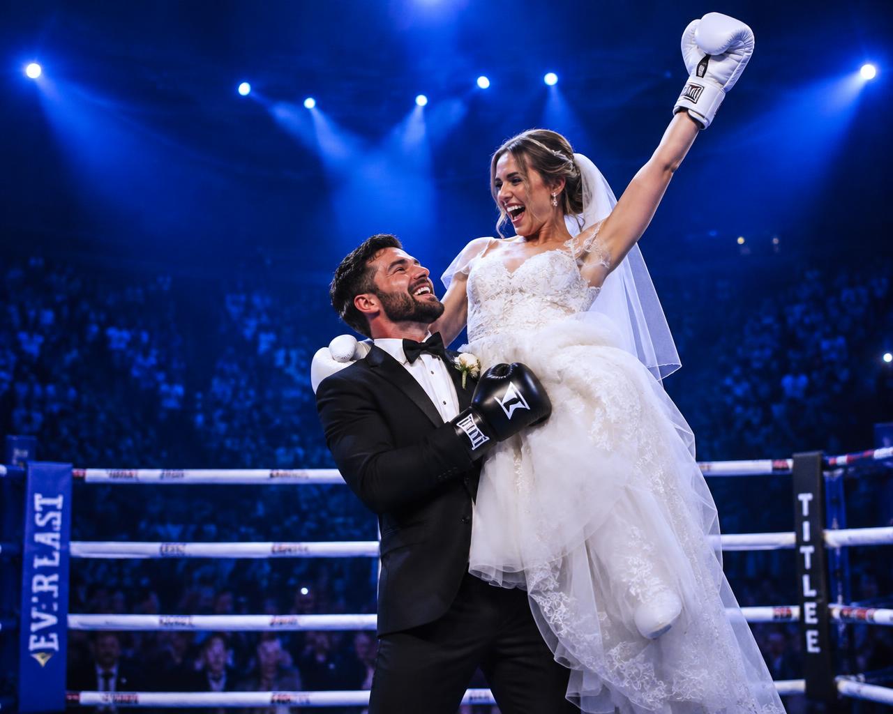 Claude soulève David comme un trophée sur un ring de boxe